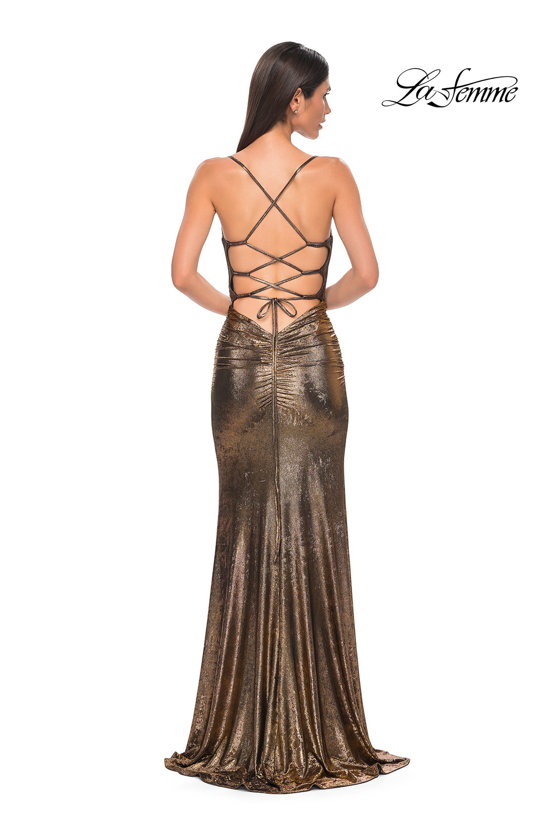 Picture of: Ruched Metallic Jersey Dress with Open Lace Up Back in Mocha , Style 32945, Detail Picture 6