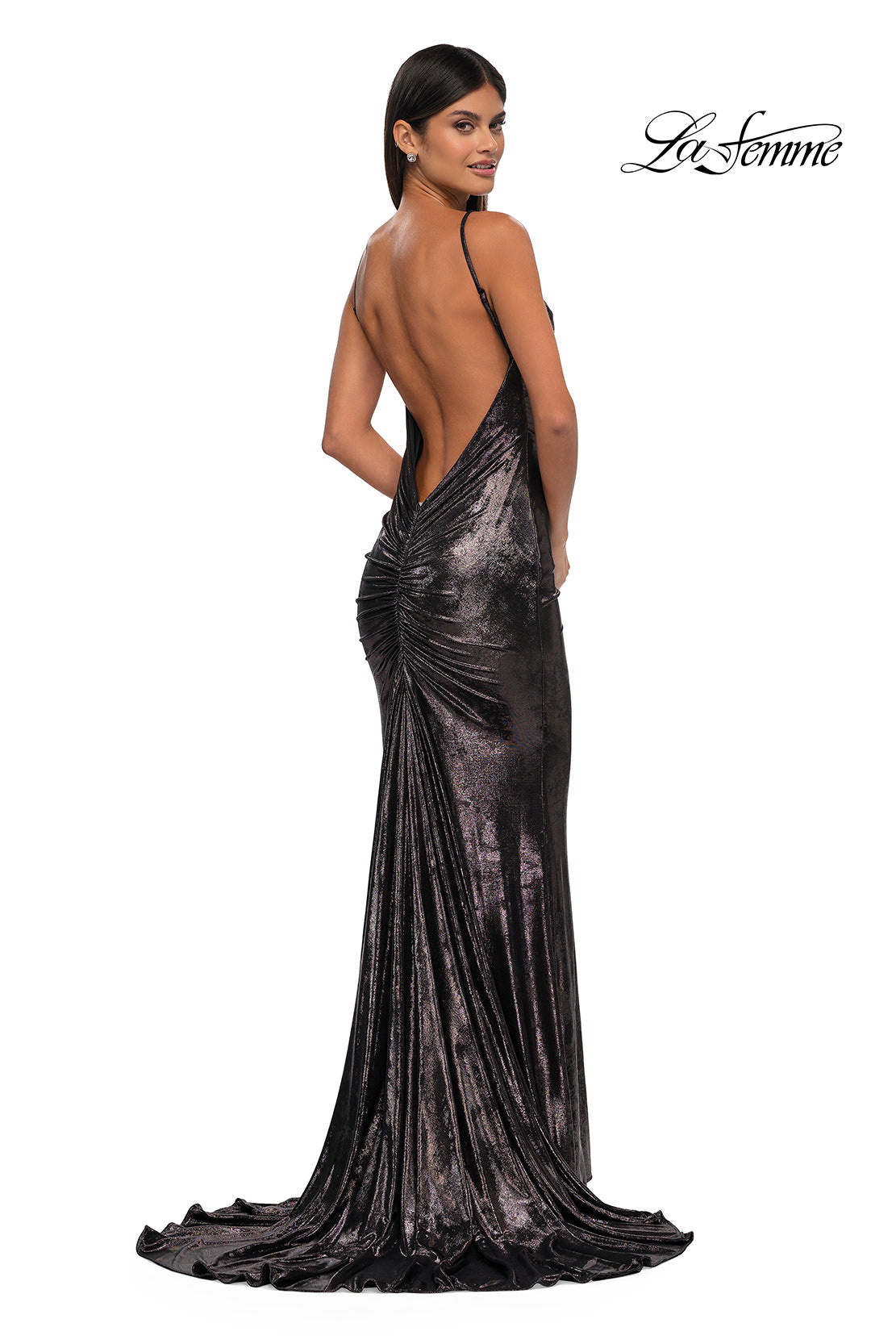 Picture of: Metallic Jersey Dress with Low Back and Ruching in Mocha, Style: 32932, Detail Picture 7