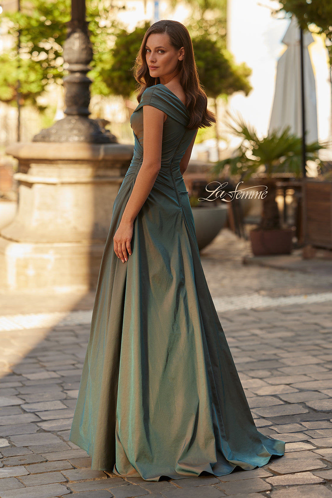 Picture of: Off-the-Shoulder Stretch Taffeta A-Line Gown in Moss Green, Style: 33446, Back Picture