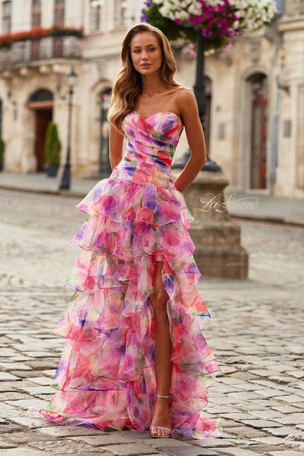 Picture of: Strapless Tiered Ruffle Gown with Floral Print in Multi, Style: 33555, Main Picture
