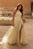 Picture of: Floral Lace A-Line Gown with High Slit and Lace-Up Back in Multi, Style: 33865, Main Picture
