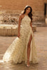 Picture of: Floral Lace A-Line Gown with High Slit and Lace-Up Back in Multi, Style: 33865, Main Picture
