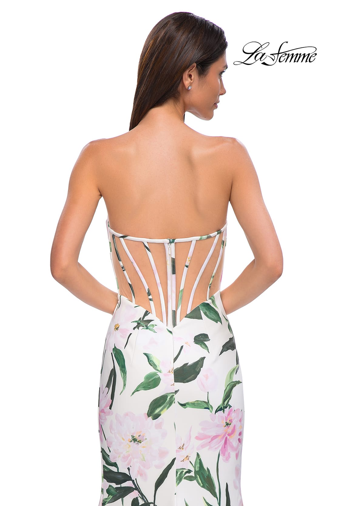 Picture of: Floral Print Stretch Jersey Dress with Sheer Corset Back in Multi , Style 32752, Detail Picture 8