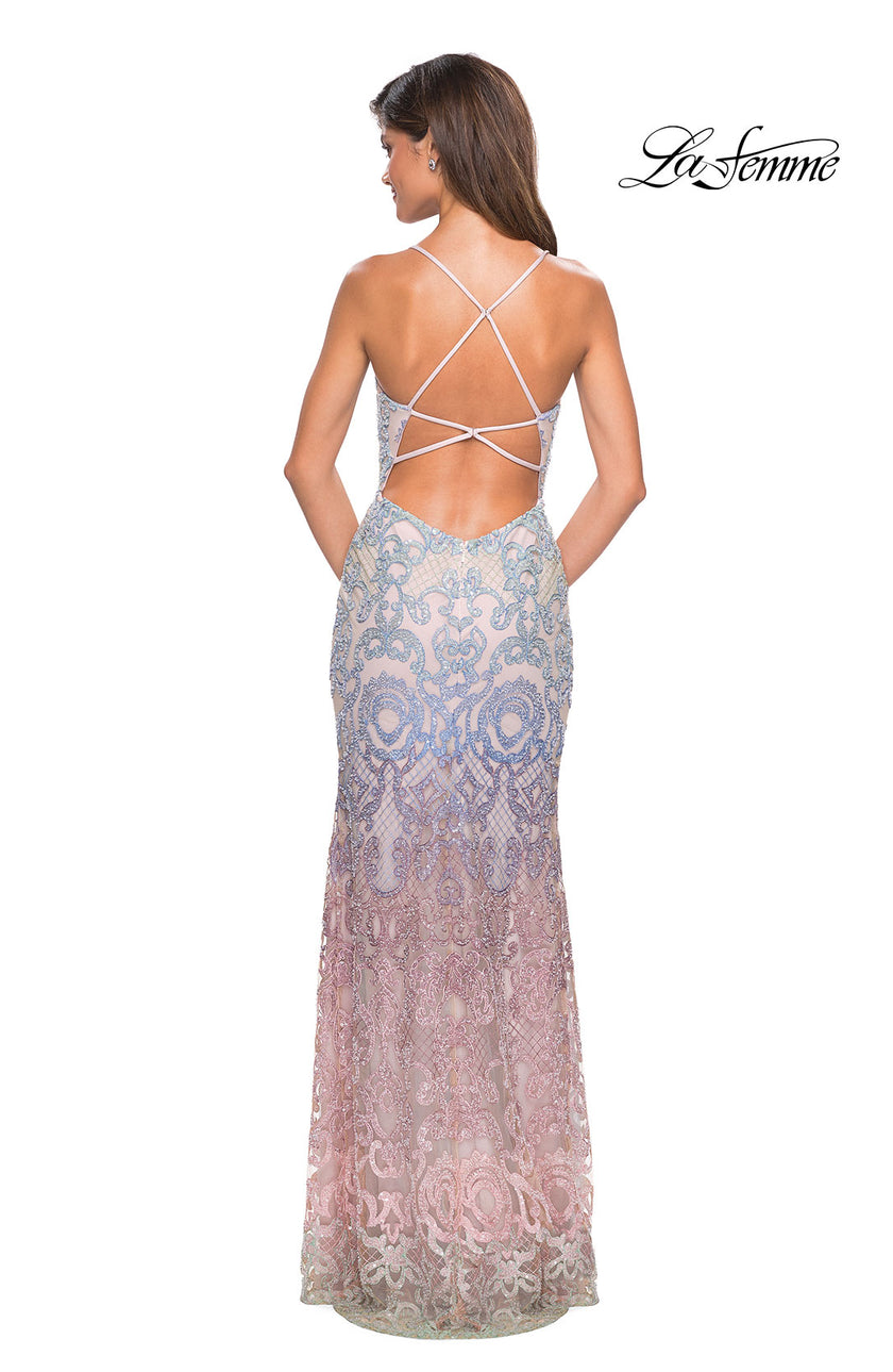 Picture of: Floor Length Fully Beaded Rainbow Ombre Prom Gown in Multi, Style: 27609, Back Picture