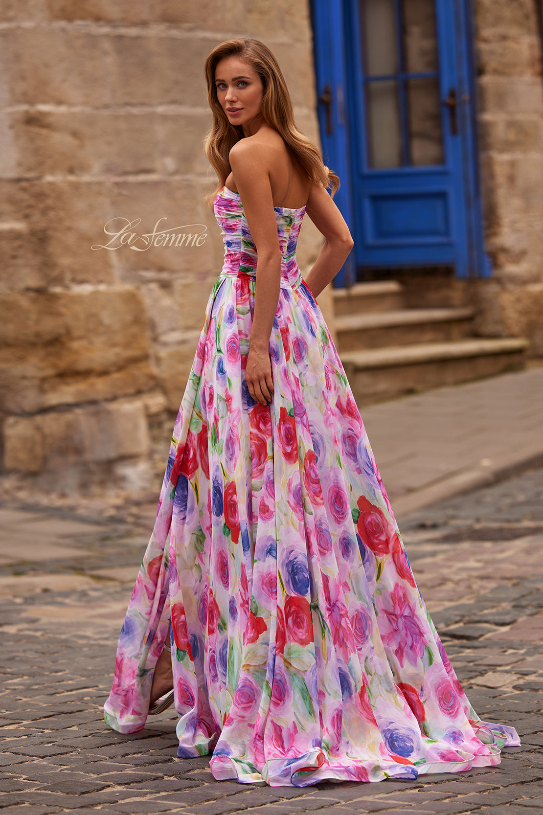 Picture of: Floral A-Line Chiffon Gown with Ruched Bodice and High Slit in Multi, Style: 33487, Back Picture