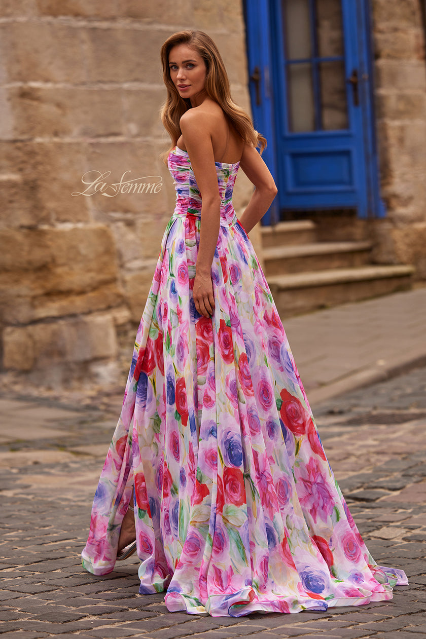 Picture of: Floral A-Line Chiffon Gown with Ruched Bodice and High Slit in Multi, Style: 33487, Back Picture