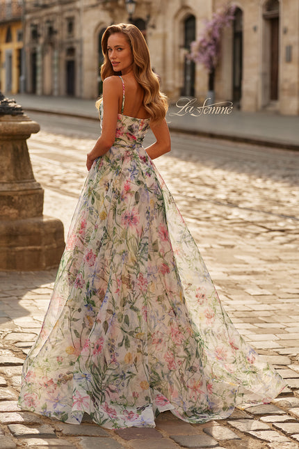 Picture of: Floral Print A-Line Gown with Sweetheart Neckline and High Slit in Multi, Style: 33516, Back Picture