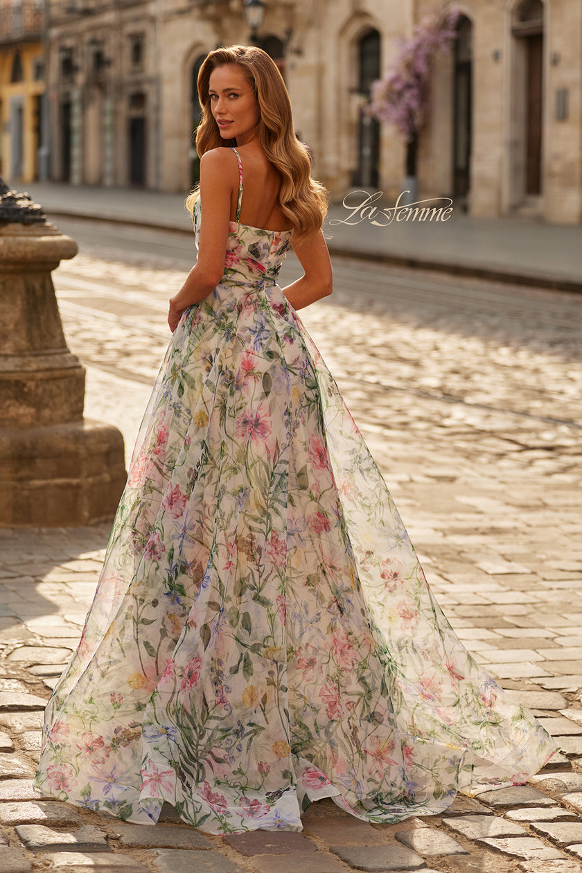 Picture of: Floral Print A-Line Gown with Sweetheart Neckline and High Slit in Multi, Style: 33516, Back Picture