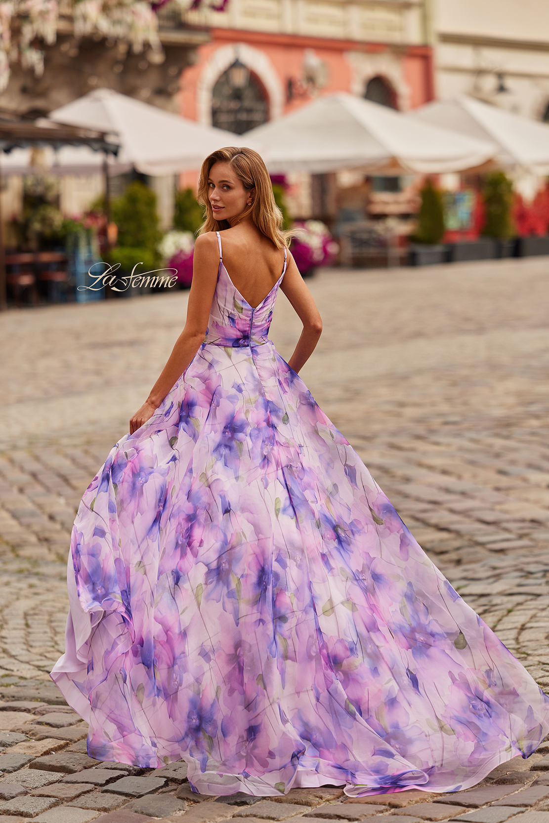 Picture of: Floral A-Line Gown with Plunging Neckline in Multi, Style: 33606, Back Picture