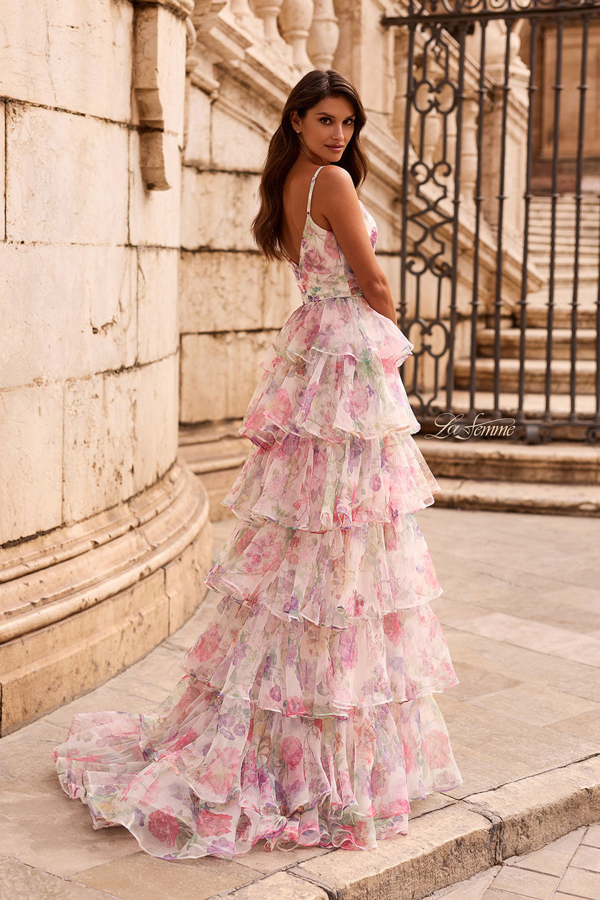 Picture of: Floral Ruffle Tiered Gown with Slit and Spaghetti Straps in Multi, Style: 33740, Back Picture