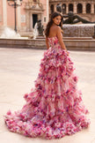 Picture of: Strapless Tiered Floral Ruffle Gown with High Slit in Multi, Style: 33842, Back Picture