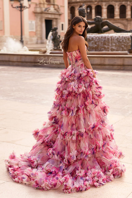 Picture of: Strapless Tiered Floral Ruffle Gown with High Slit in Multi, Style: 33842, Back Picture