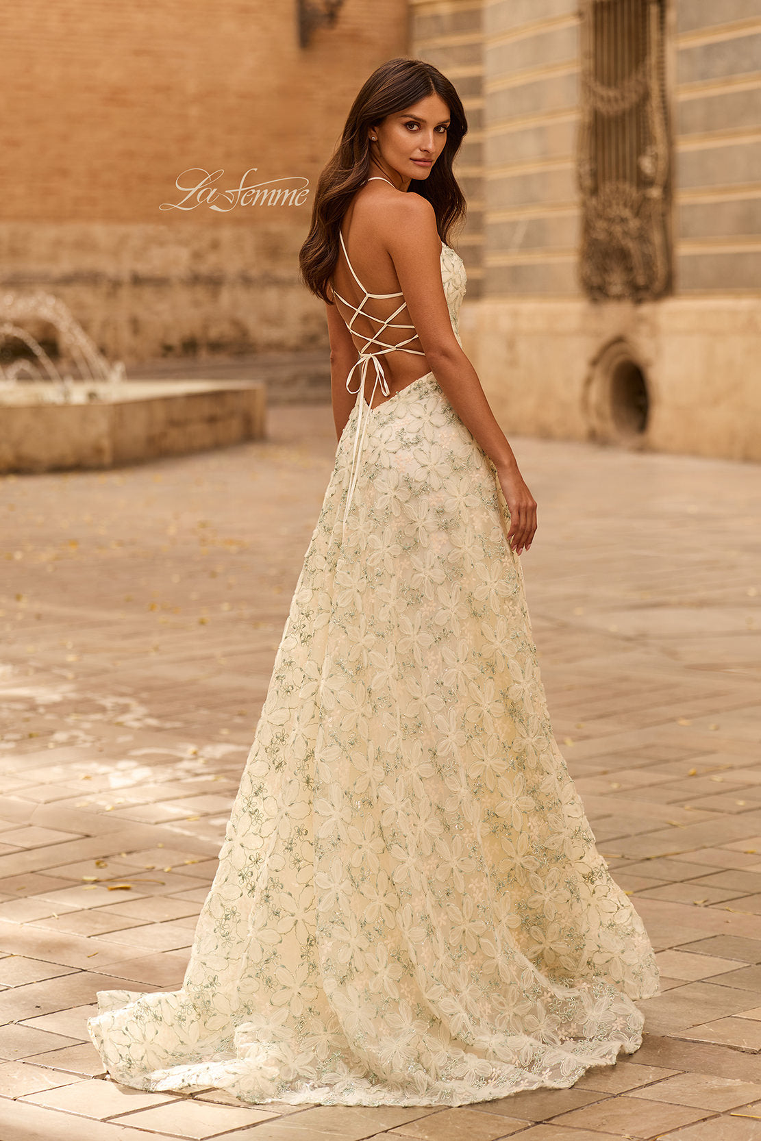 Picture of: Floral Lace A-Line Gown with High Slit and Lace-Up Back in Multi, Style: 33865, Back Picture