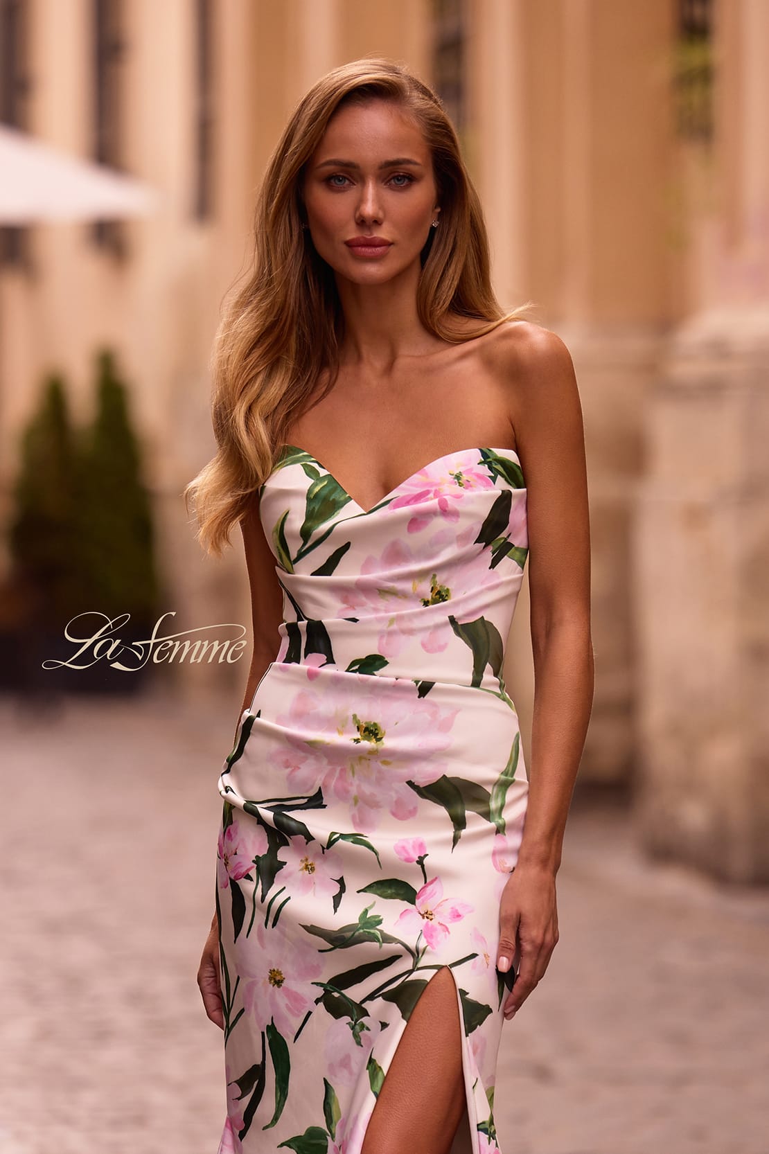 Picture of: Floral Print Stretch Jersey Dress with Sheer Corset Back in Multi , Style: 32752, Detail Picture 1