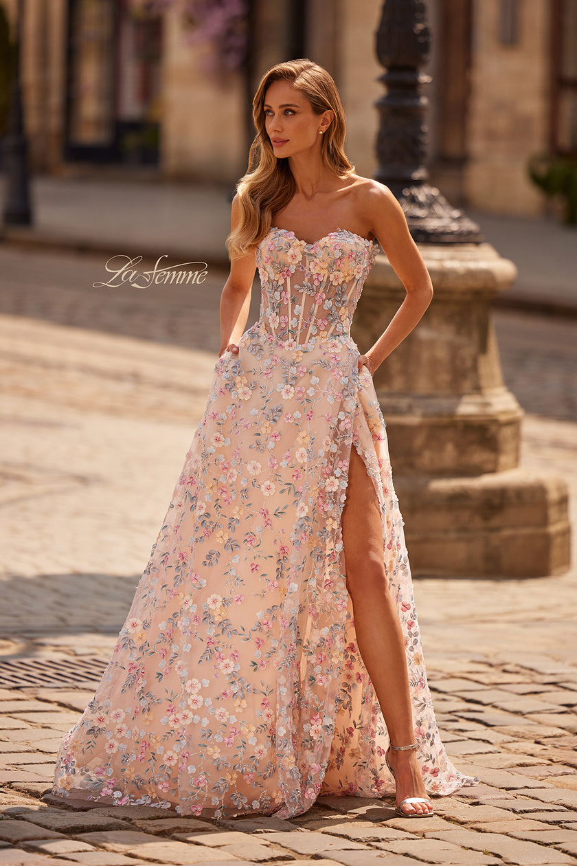 Picture of: 3D Floral Corset A-Line Prom Gown with High Slit in Multi, Style: 33409, Detail Picture 1