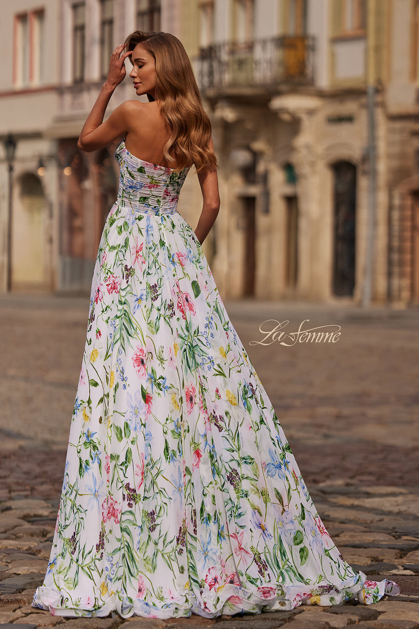 Picture of: Floral Print A-Line Chiffon Gown with High Slit in Multi, Style: 33450, Detail Picture 1