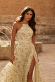 Picture of: Floral Lace A-Line Gown with High Slit and Lace-Up Back in Multi, Style: 33865, Detail Picture 1