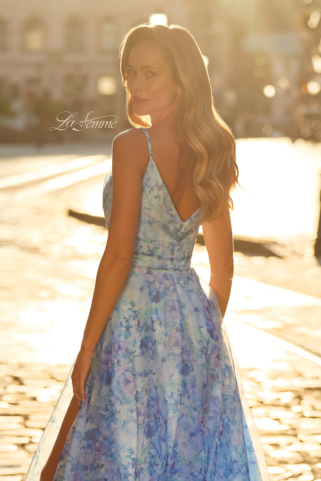 Picture of: Floral Print A-Line Gown with Slit and V-Neckline in Multi, Style: 33502, Detail Picture 2