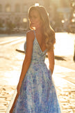 Picture of: Floral Print A-Line Gown with Slit and V-Neckline in Multi, Style: 33502, Detail Picture 2