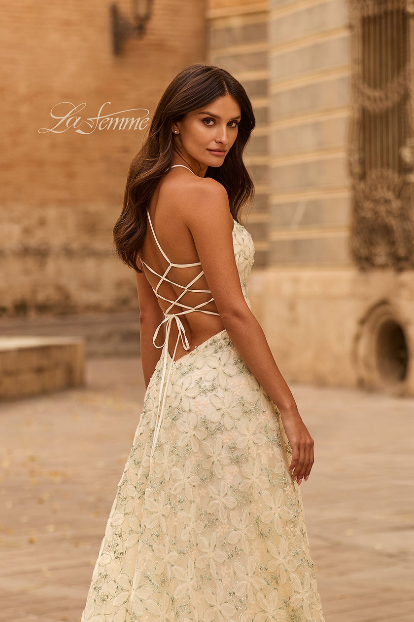 Picture of: Floral Lace A-Line Gown with High Slit and Lace-Up Back in Multi, Style: 33865, Detail Picture 2