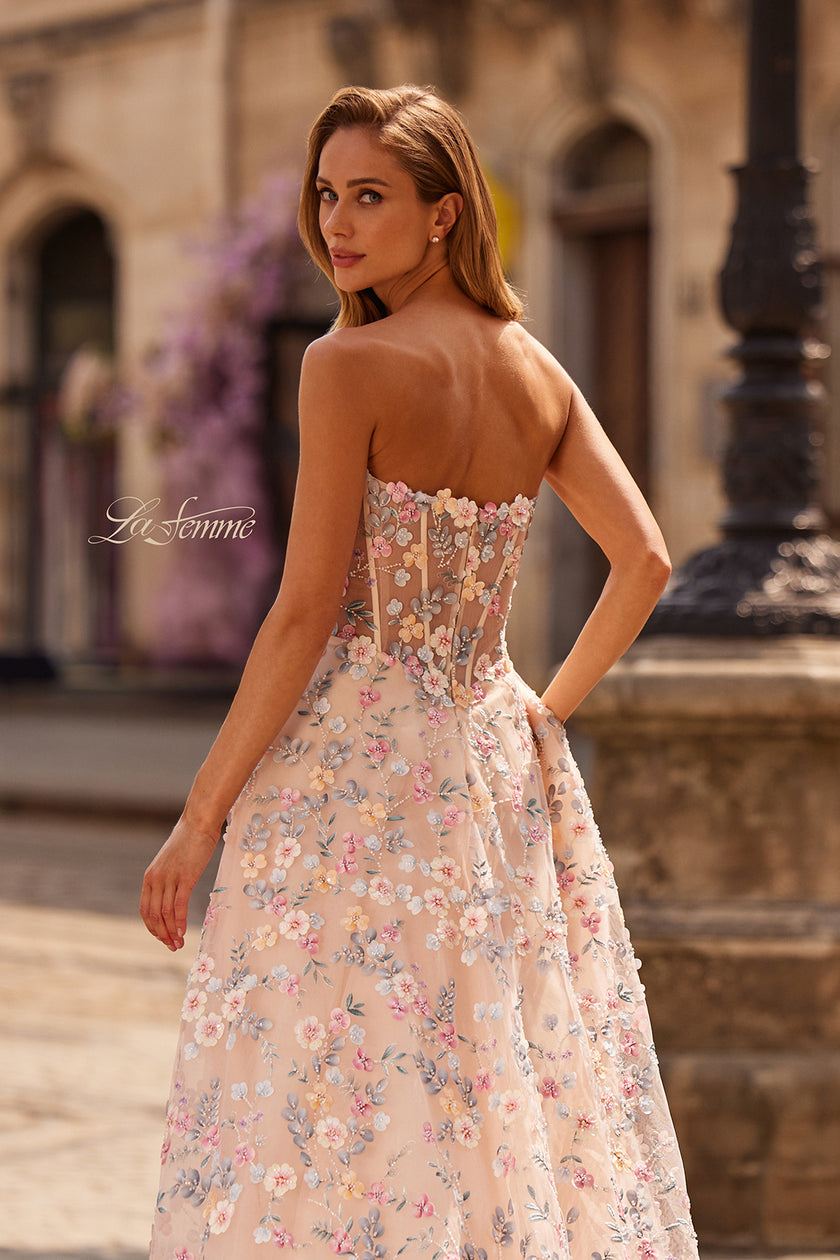 Picture of: 3D Floral Corset A-Line Prom Gown with High Slit in Multi, Style: 33409, Detail Picture 3
