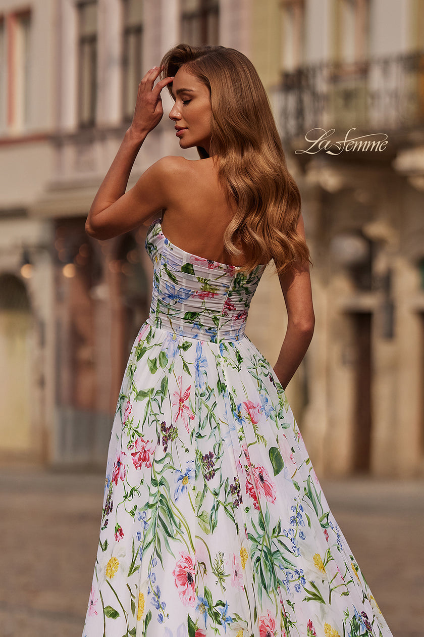 Picture of: Floral Print A-Line Chiffon Gown with High Slit in Multi, Style: 33450, Detail Picture 4
