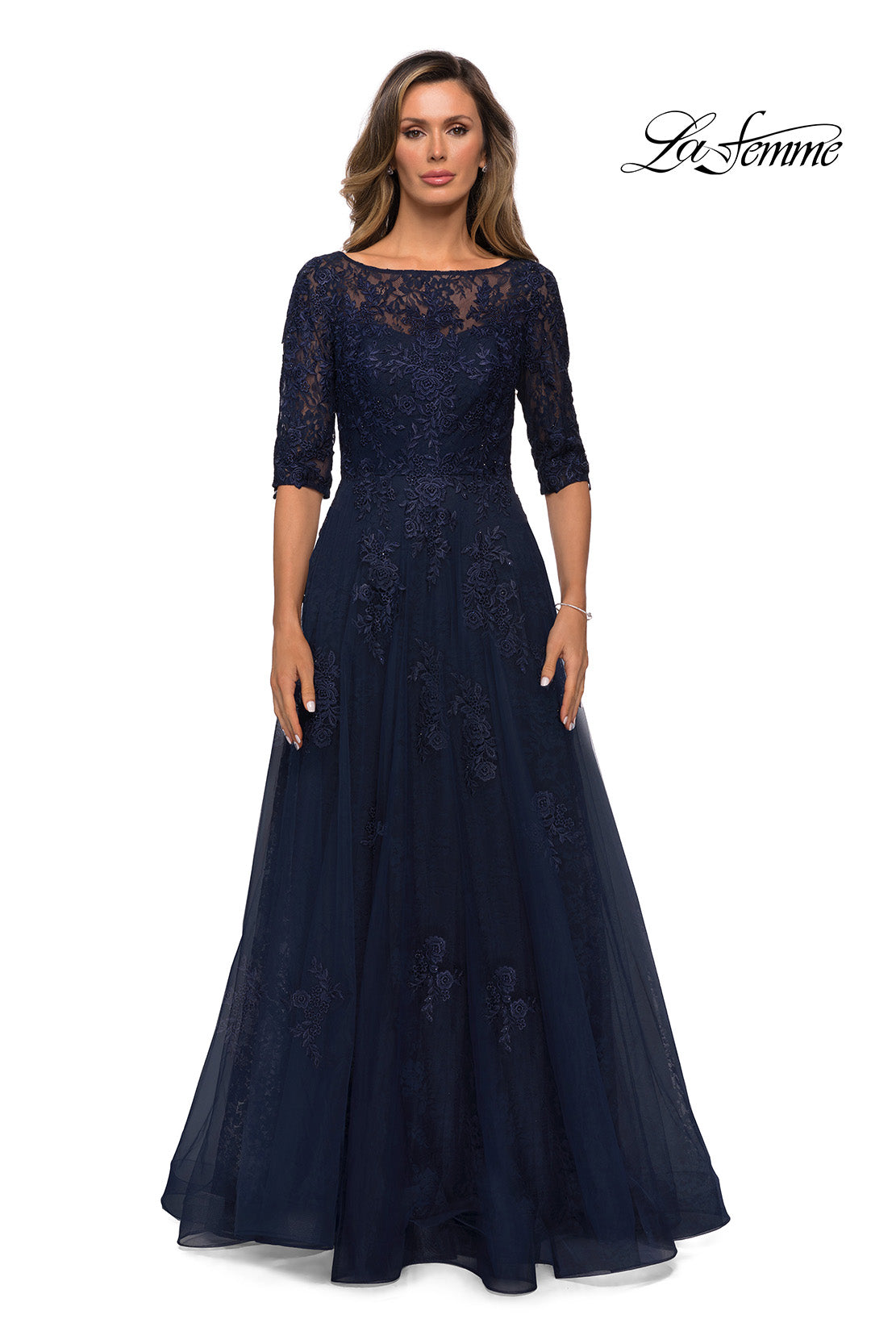 Picture of: Lace and Tulle A-line Gown with Three Quarter Sleeves, Style: 28036, Detail Picture 8