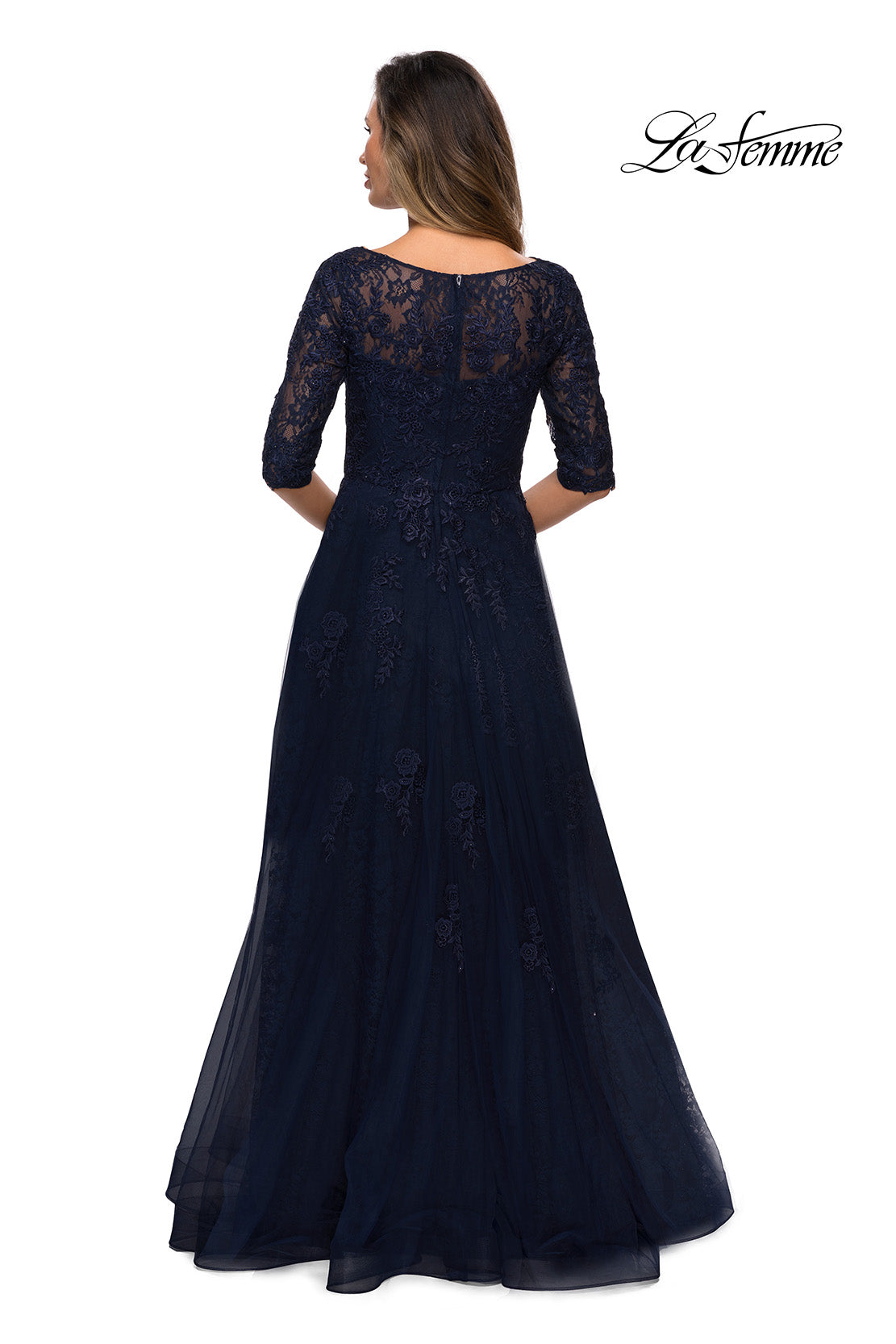 Picture of: Lace and Tulle A-line Gown with Three Quarter Sleeves, Style: 28036, Detail Picture 9