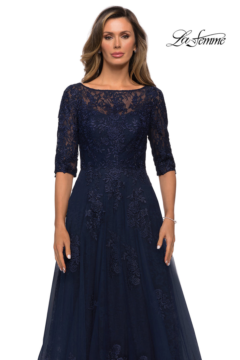 Picture of: Lace and Tulle A-line Gown with Three Quarter Sleeves, Style: 28036, Detail Picture 10