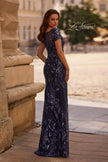 Picture of: Long Beaded Lace Dress with Sheer Neckline, Style: 29961, Back Picture
