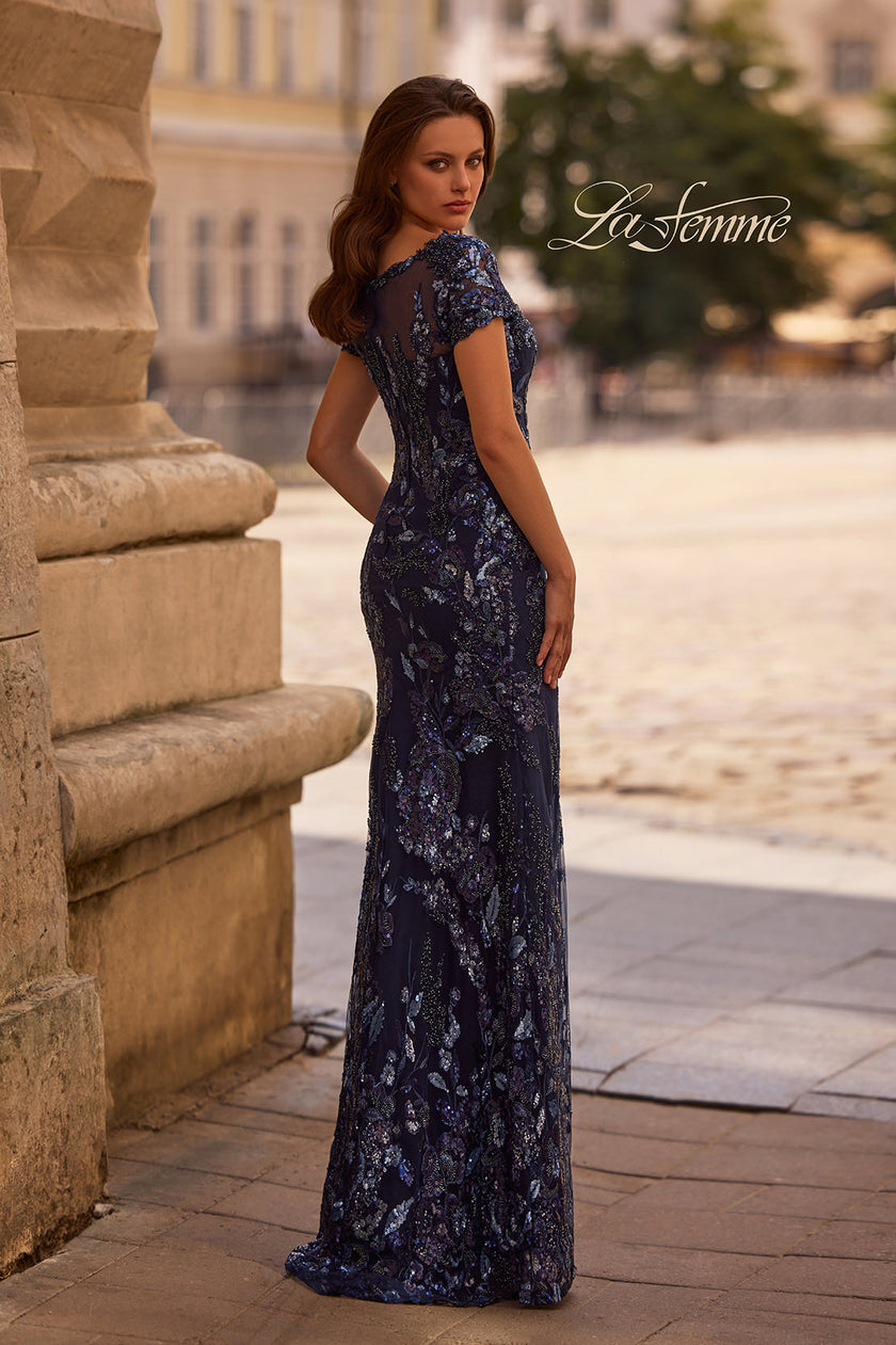 Picture of: Long Beaded Lace Dress with Sheer Neckline, Style: 29961, Back Picture