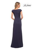 Picture of: Satin Floor Length Gown with Ruched Detailing in Navy, Style: 26523, Detail Picture 2
