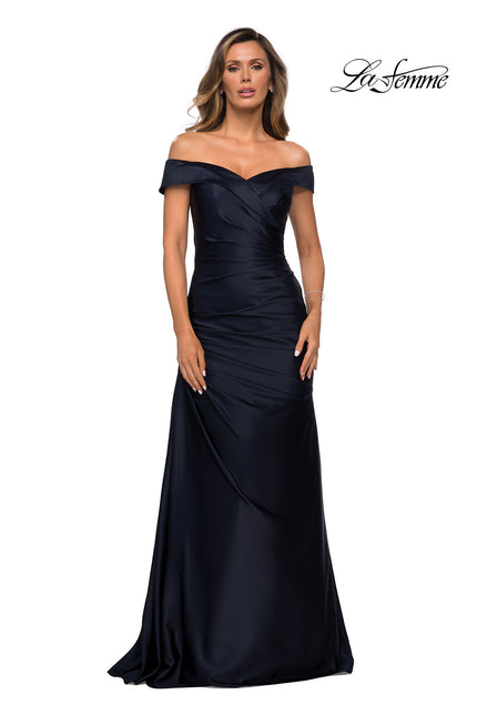 Picture of: Off the Shoulder Satin Evening Dress with Pleating in Navy, Style: 28103, Detail Picture 2
