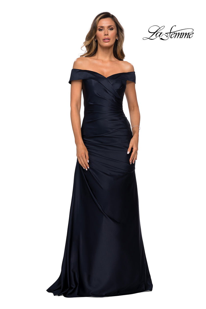 Picture of: Off the Shoulder Satin Evening Dress with Pleating in Navy, Style: 28103, Detail Picture 2