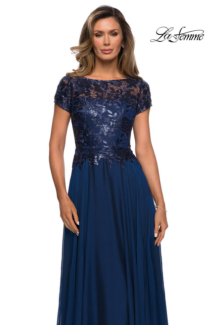 Picture of: Short Sleeve Metallic Lace Evening Dress with Chiffon Skirt, Style: 27924, Detail Picture 3