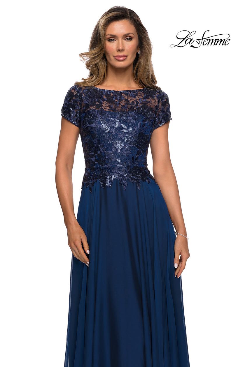 Picture of: Short Sleeve Metallic Lace Evening Dress with Chiffon Skirt, Style: 27924, Detail Picture 3