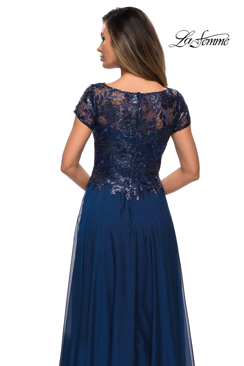 Picture of: Short Sleeve Metallic Lace Evening Dress with Chiffon Skirt, Style: 27924, Detail Picture 4