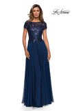 Picture of: Short Sleeve Metallic Lace Evening Dress with Chiffon Skirt, Style: 27924, Detail Picture 5