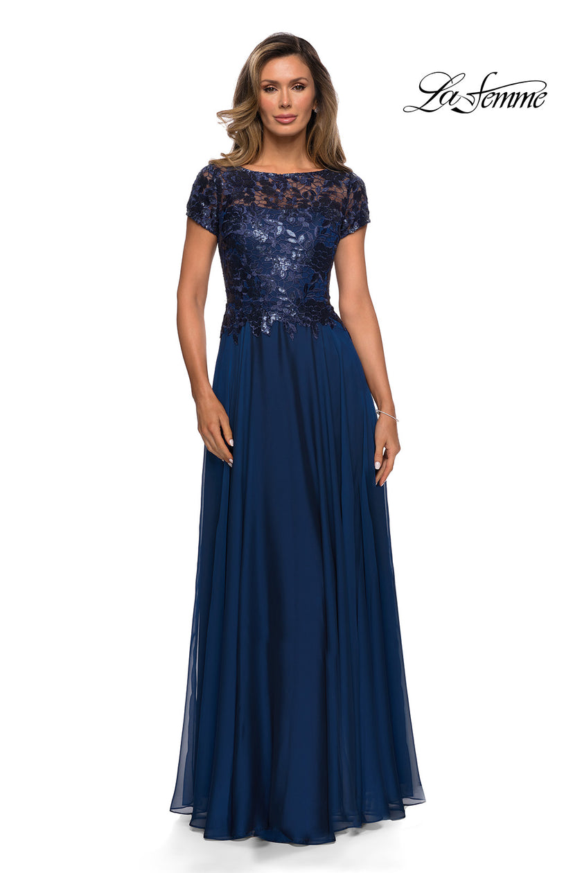 Picture of: Short Sleeve Metallic Lace Evening Dress with Chiffon Skirt, Style: 27924, Detail Picture 5