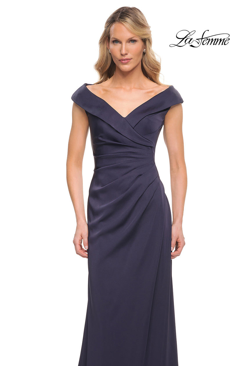 Picture of: Satin Floor Length Gown with Ruched Detailing in Navy, Style: 26523, Detail Picture 7
