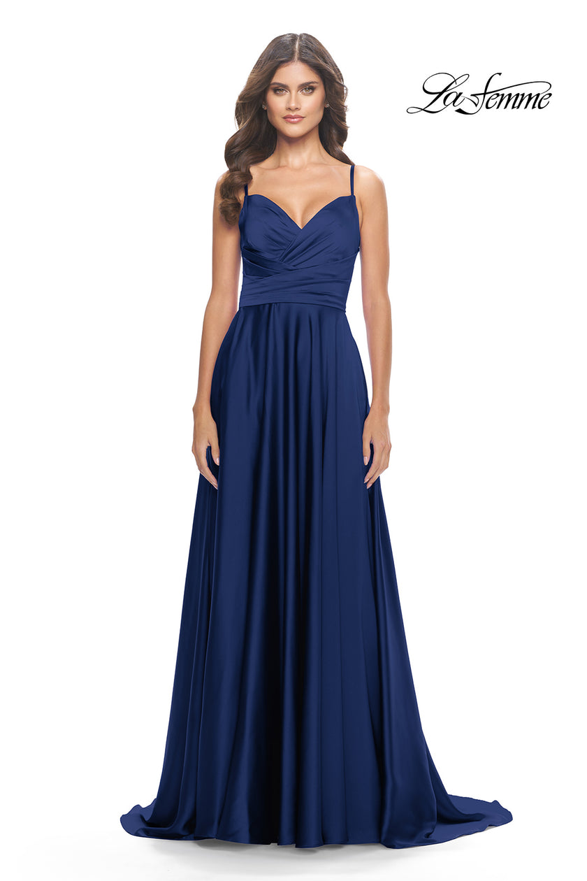 Picture of: Luxury Satin Gown with Criss Cross Bodice in Navy, Style: 31233, Detail Picture 7