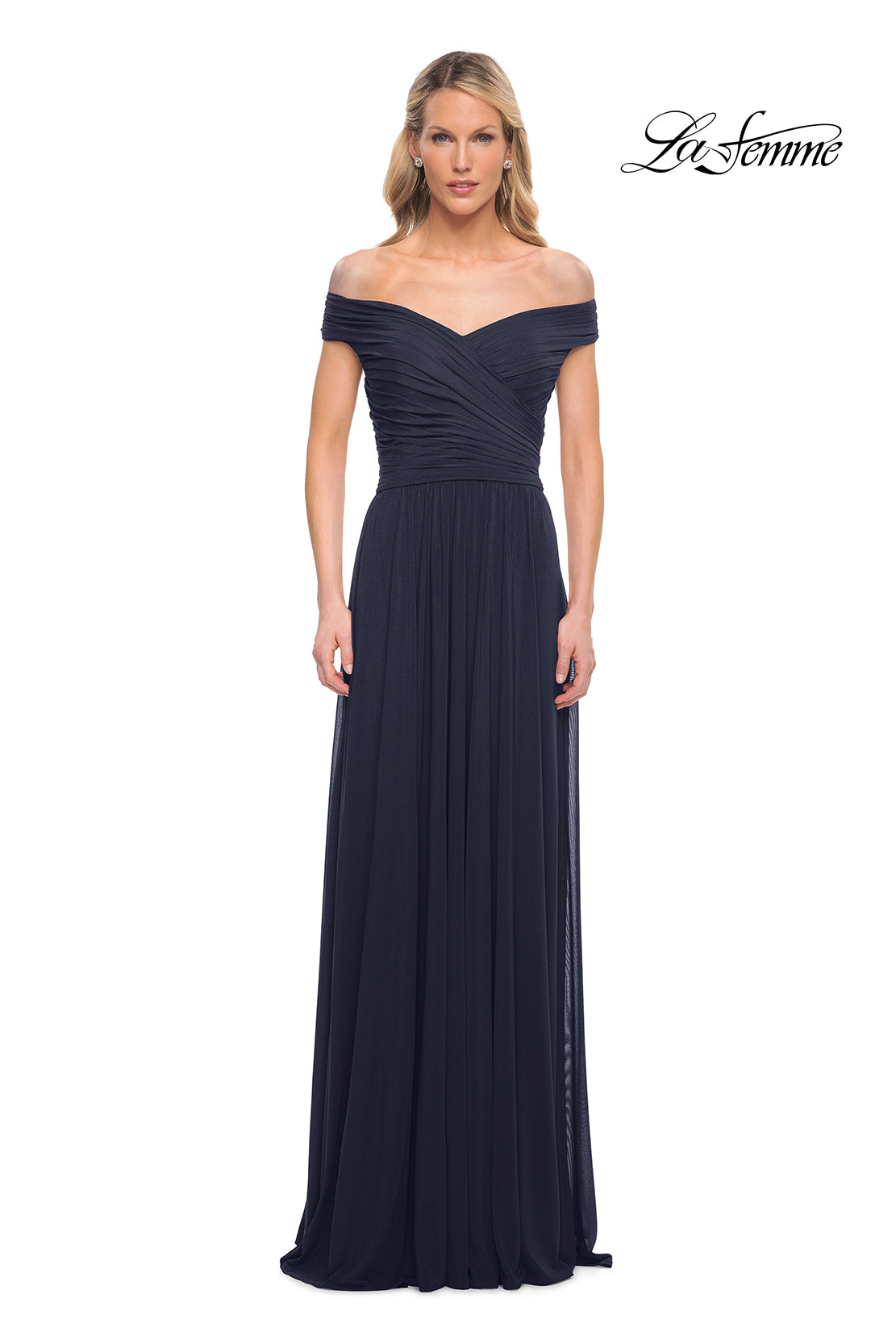 Picture of: Off the Shoulder Net Jersey Long Dress with Ruching in Navy, Detail Picture 8