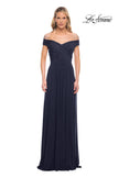 Picture of: Off the Shoulder Net Jersey Long Dress with Ruching in Navy, Detail Picture 8