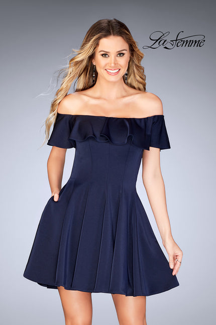 Picture of: A-line Short Satin Dress with Off the Shoulder Detail in Navy, Style: 25070, Main Picture
