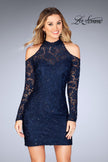 Picture of: Short Lace Dress with Shoulder Cut Outs and Open Back in Navy, Style: 25170, Main Picture