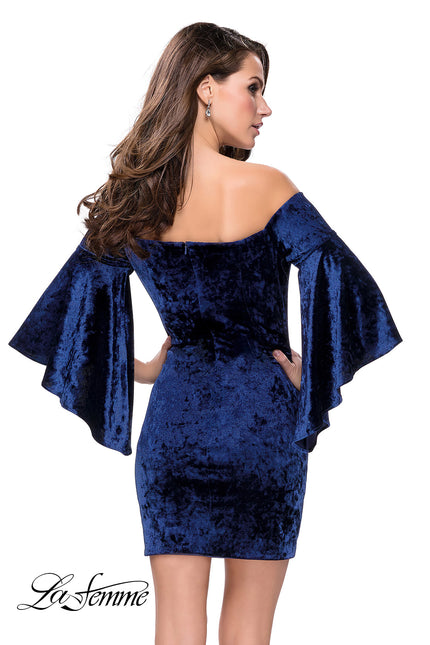 Picture of: Trendy Velvet Dress with Off the Shoulder Bell Sleeves in Navy, Style: 26640, Back Picture