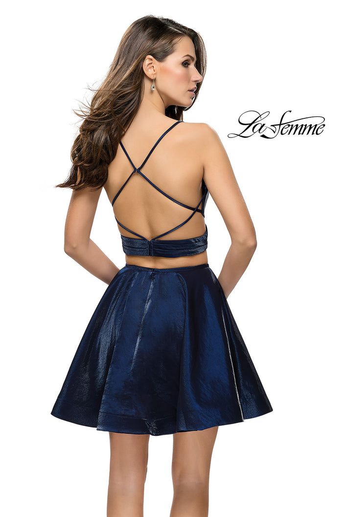 Picture of: Short Two Piece Homecoming Dress Set with Wrap Top in Navy, Style: 26683, Back Picture