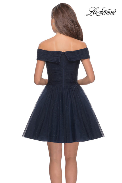Picture of: Short Off the Shoulder Beaded Homecoming Dress in Navy, Style: 28234, Back Picture