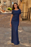 Picture of: Ruched Metallic Jersey Gown with Sheer Sleeves and V-Back in Navy, Style: 33139, Main Picture