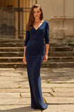 Picture of: V-Neck Ruched Gown with Three-Quarter Sleeves in Navy, Style: 33214, Main Picture